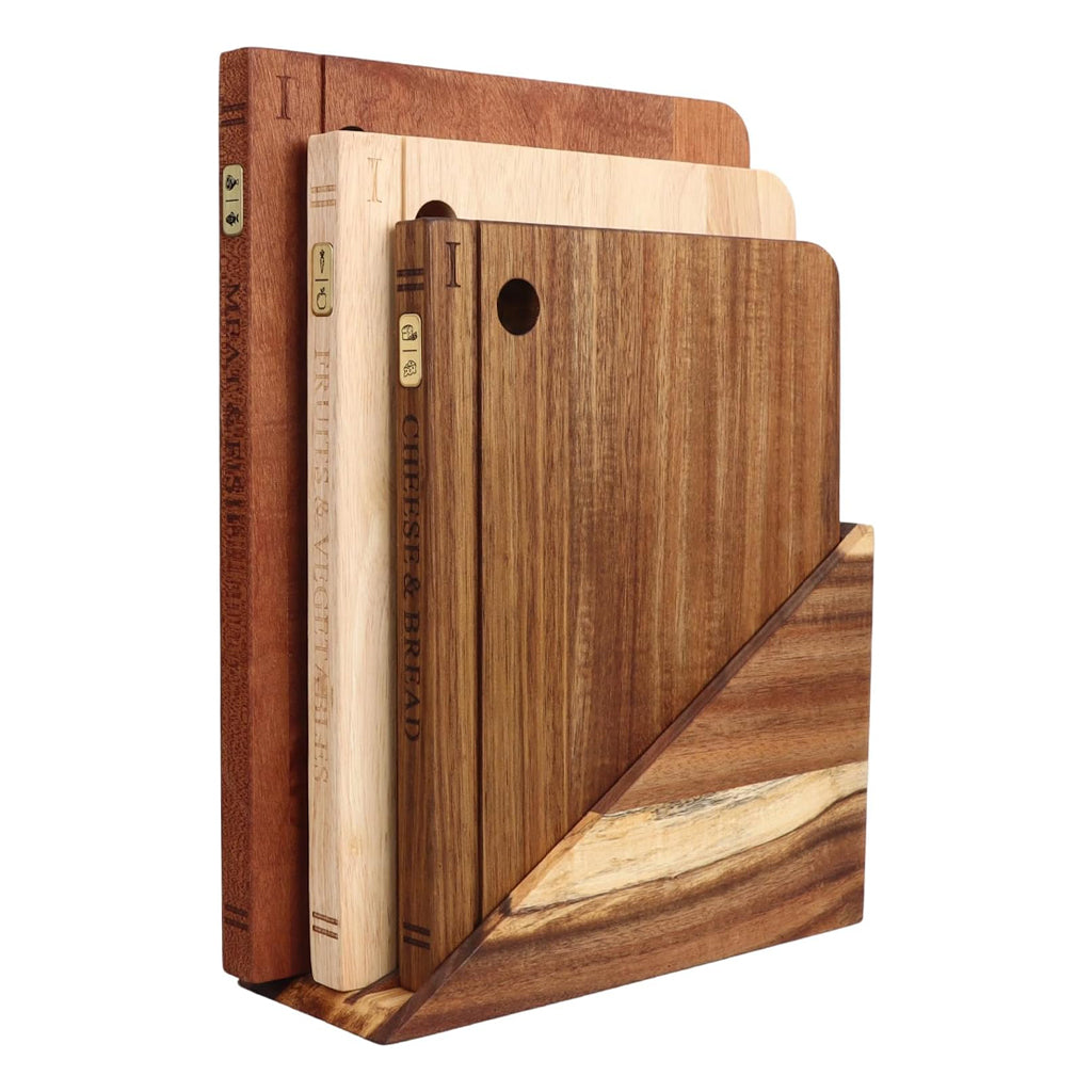 Book Cutting Board Set with Separated Stand, 3 Piece [Acacia/Ebony/Rubber] Wood Cutting Boards That Look Like Books for Kitchen Decor, Reversible Thick Chopping Board with Brass Food Labels