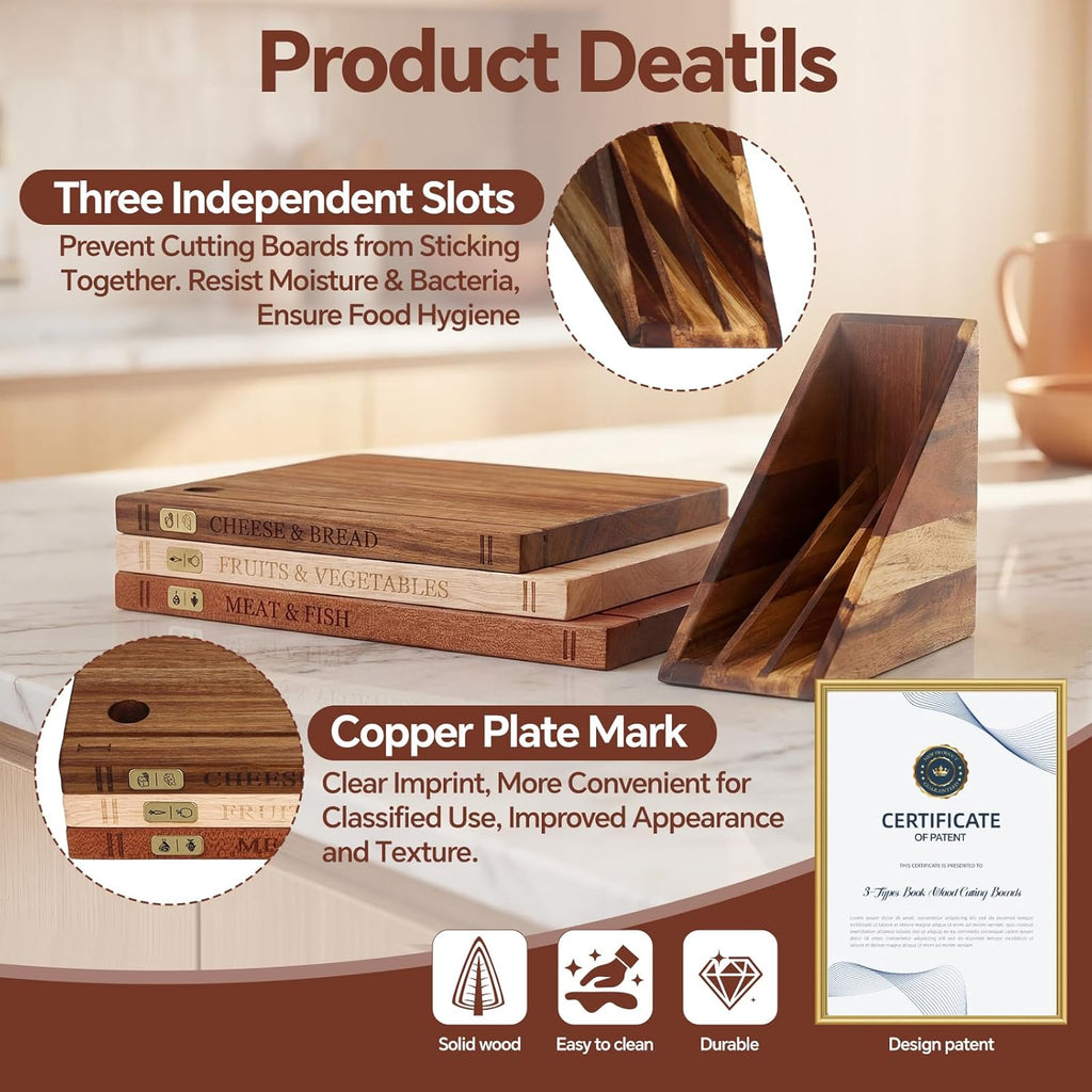 Book Cutting Board Set with Separated Stand, 3 Piece [Acacia/Ebony/Rubber] Wood Cutting Boards That Look Like Books for Kitchen Decor, Reversible Thick Chopping Board with Brass Food Labels