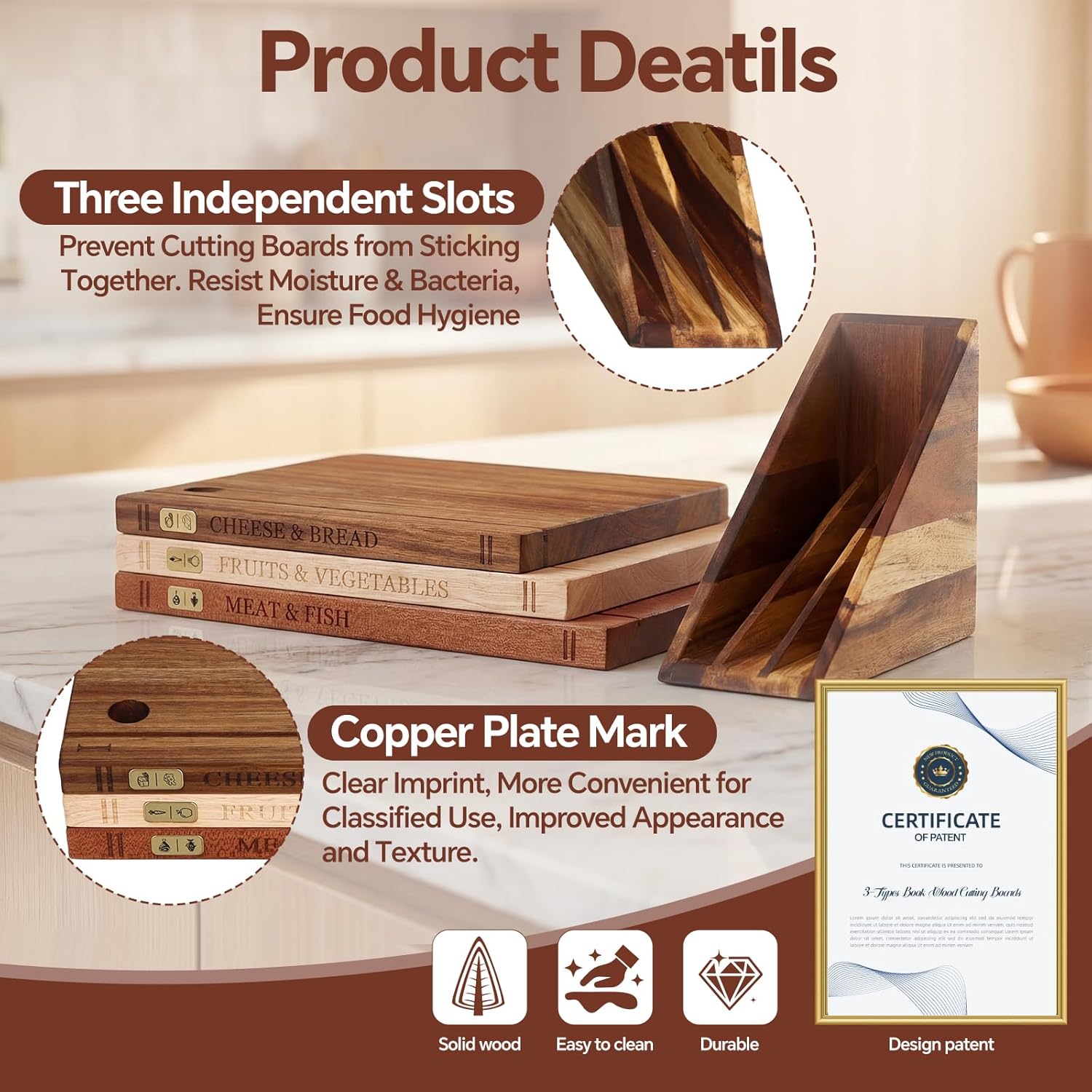 Book Cutting Board Set with Separated Stand, 3 Piece [Acacia/Ebony/Rubber] Wood Cutting Boards That Look Like Books for Kitchen Decor, Reversible Thick Chopping Board with Brass Food Labels
