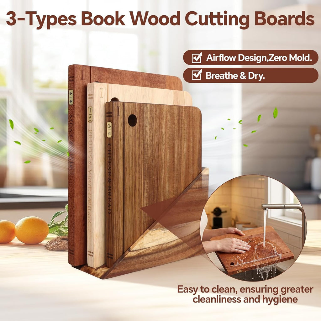 Book Cutting Board Set with Separated Stand, 3 Piece [Acacia/Ebony/Rubber] Wood Cutting Boards That Look Like Books for Kitchen Decor, Reversible Thick Chopping Board with Brass Food Labels
