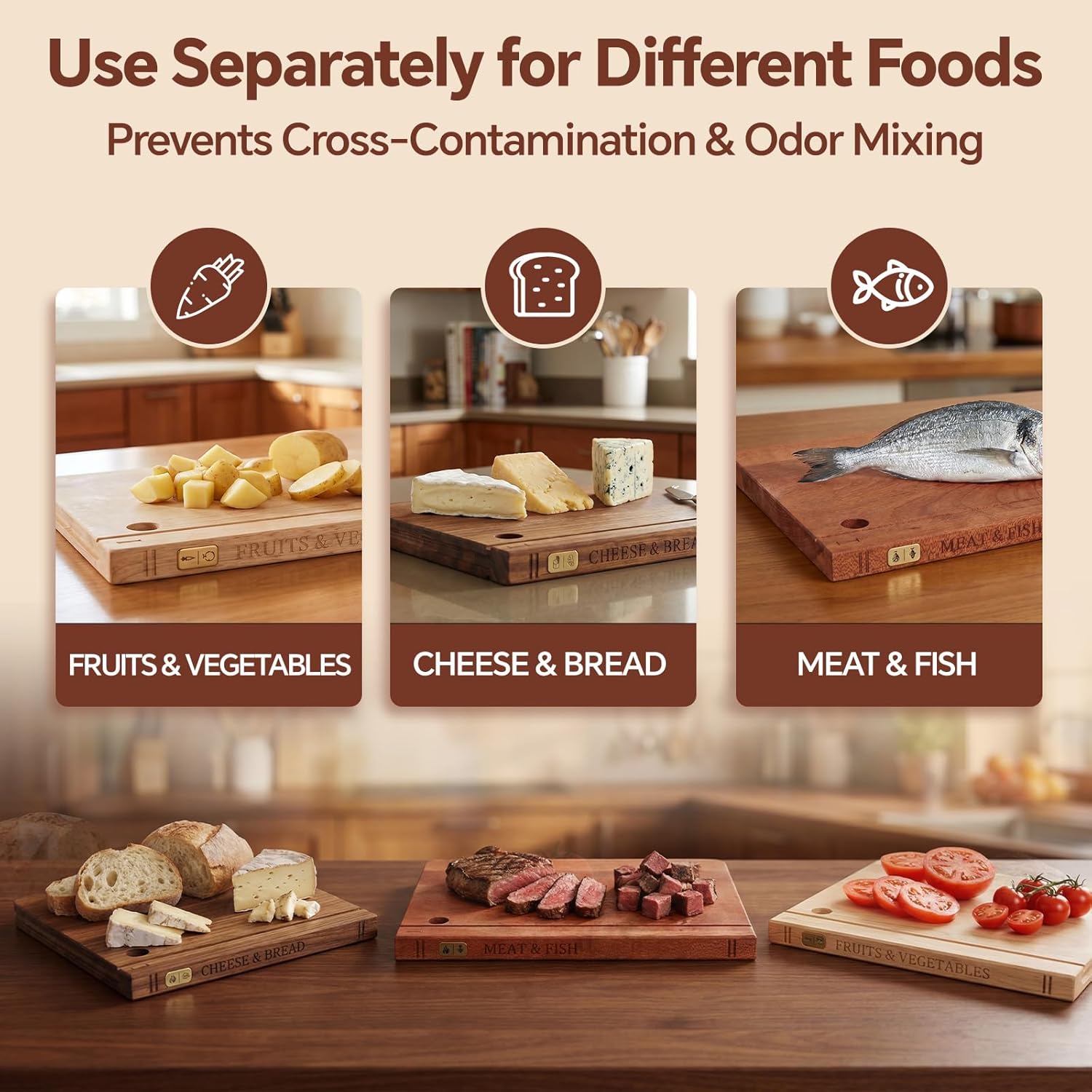 Book Cutting Board Set with Separated Stand, 3 Piece [Acacia/Ebony/Rubber] Wood Cutting Boards That Look Like Books for Kitchen Decor, Reversible Thick Chopping Board with Brass Food Labels