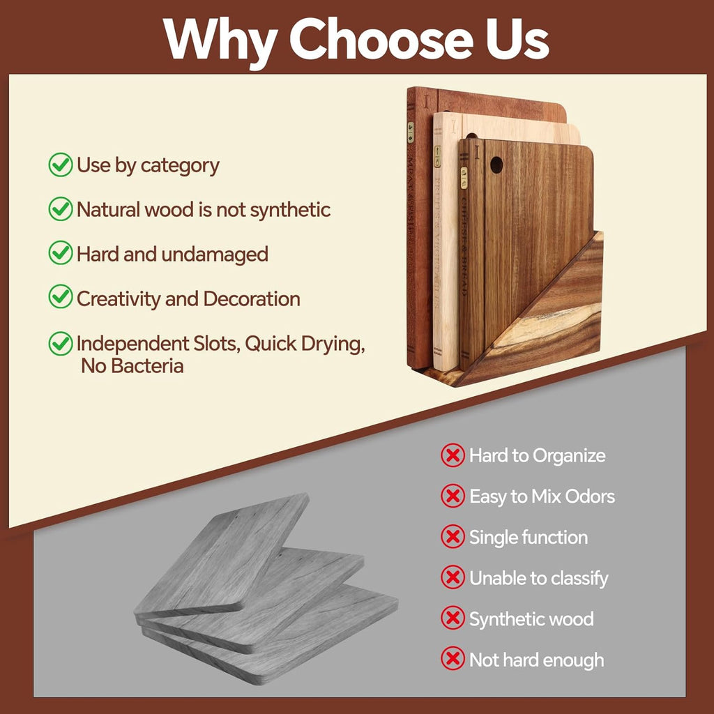 Book Cutting Board Set with Separated Stand, 3 Piece [Acacia/Ebony/Rubber] Wood Cutting Boards That Look Like Books for Kitchen Decor, Reversible Thick Chopping Board with Brass Food Labels