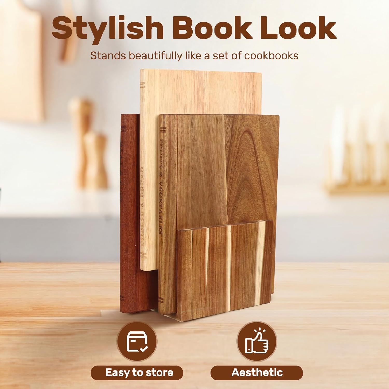 Book Cutting Board Set of 3 with Wood Stand, Solid Acacia Wooden Cutting Boards for Kitchen That Look Like Books, Decorative Cutting Board Book Set, Unique Book Cutting Boards Gift