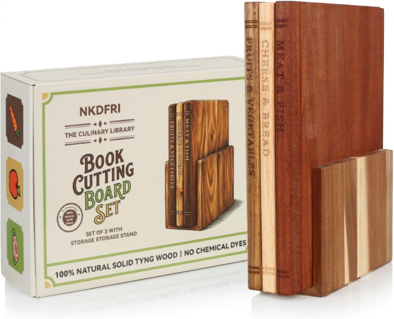 Book Cutting Board Set of 3 with Wood Stand, Solid Acacia Wooden Cutting Boards for Kitchen That Look Like Books, Decorative Cutting Board Book Set, Unique Book Cutting Boards Gift