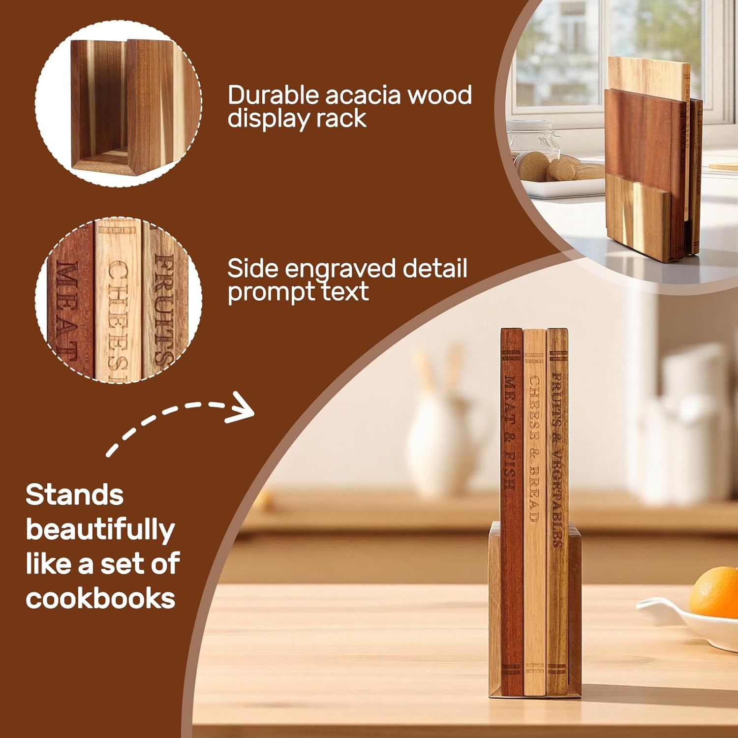 Book Cutting Board Set of 3 with Wood Stand, Solid Acacia Wooden Cutting Boards for Kitchen That Look Like Books, Decorative Cutting Board Book Set, Unique Book Cutting Boards Gift