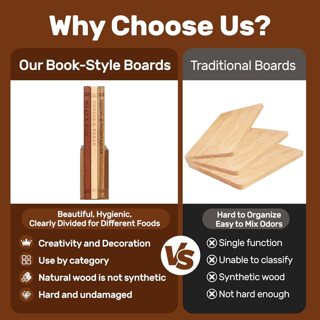 Book Cutting Board Set of 3 with Wood Stand, Solid Acacia Wooden Cutting Boards for Kitchen That Look Like Books, Decorative Cutting Board Book Set, Unique Book Cutting Boards Gift