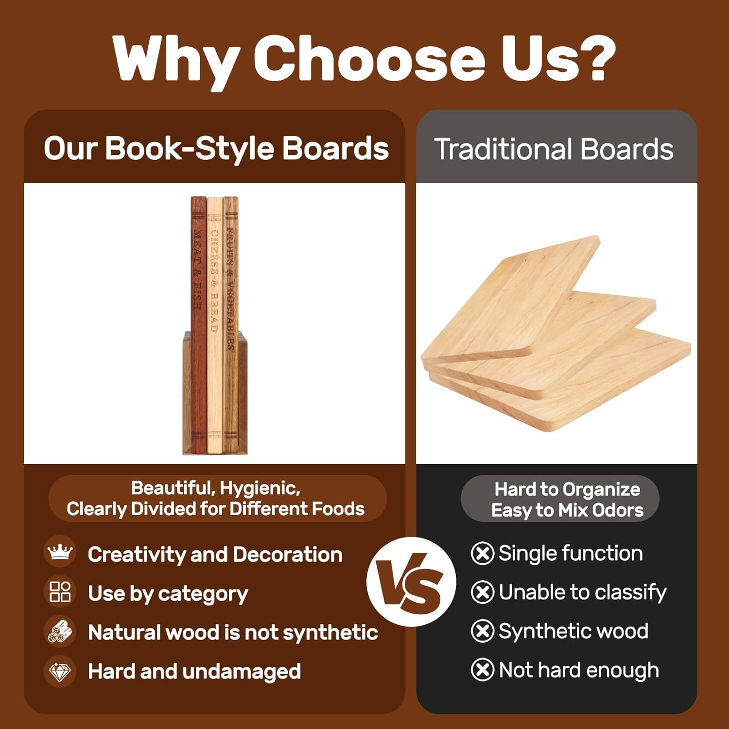 Book Cutting Board Set of 3 with Wood Stand, Solid Acacia Wooden Cutting Boards for Kitchen That Look Like Books, Decorative Cutting Board Book Set, Unique Book Cutting Boards Gift